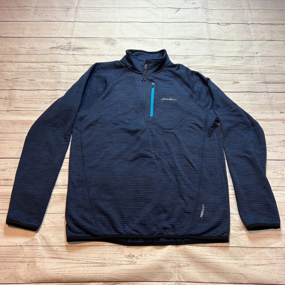 Eddie Bauer 1/4 Zip Free Heat Pullover Sweater Blue Stripe Men's Size Medium